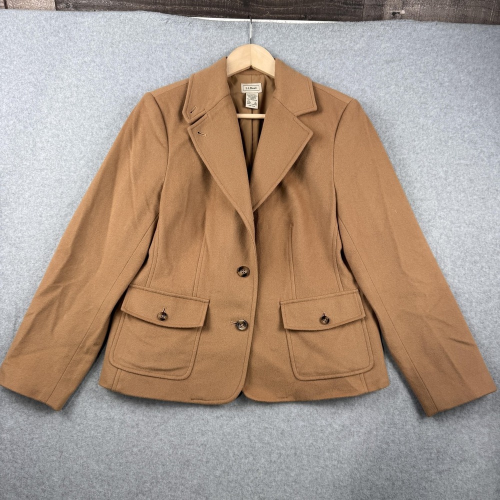 LL Bean Blazer Womens M Petite Camel Wool Angora Blend Two Button Jacket Preppy